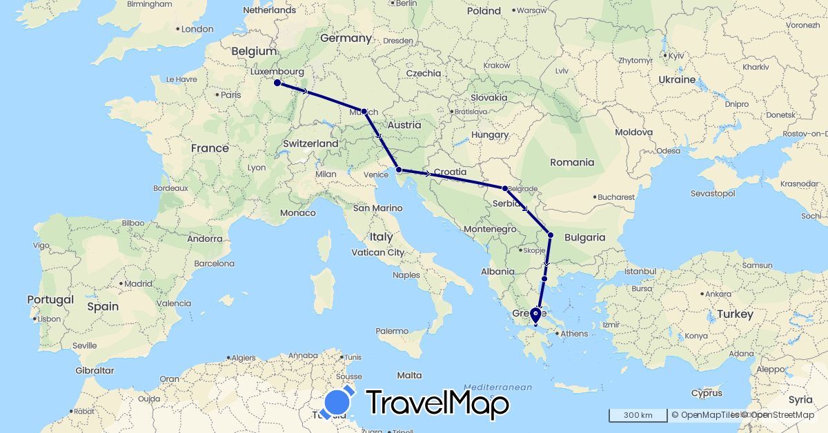 TravelMap itinerary: driving in Bulgaria, Germany, France, Greece, Italy, Serbia (Europe)